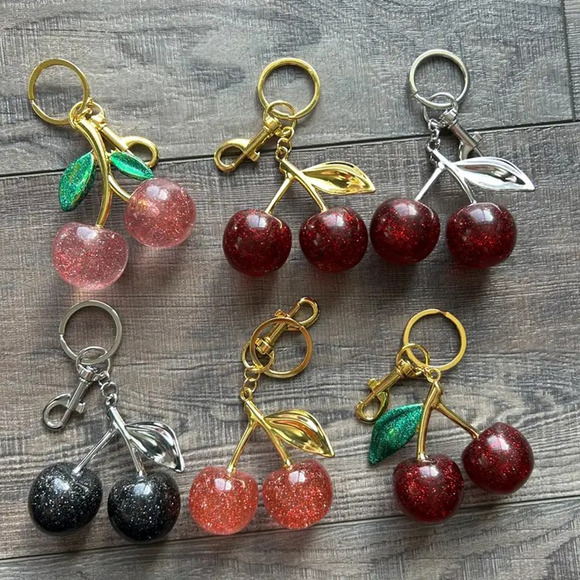 Cherry Bag Purse Charm Keychain Glitter Red Gold Painted Leave - Picture 2 of 2